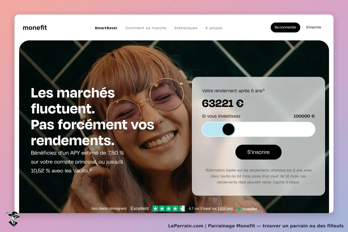 monefit : page d'accueil avec une femme souriante et un simulateur de rendement visible