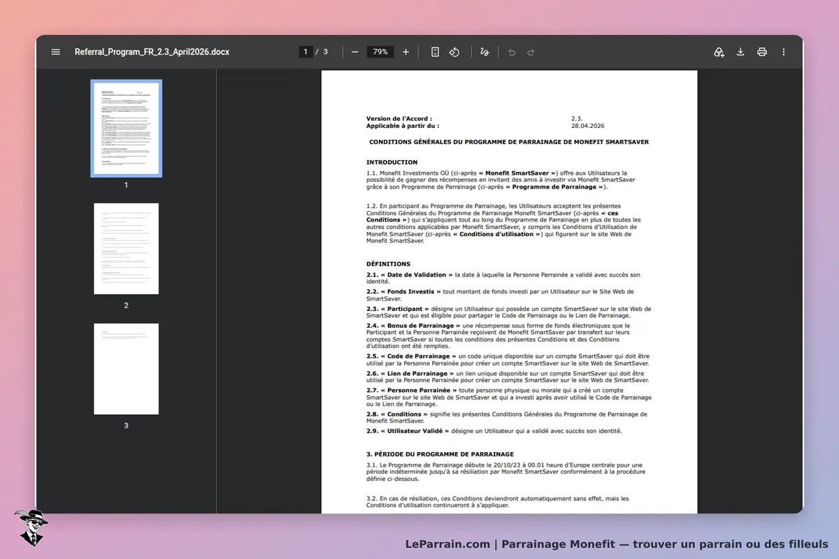 Monefit : document PDF affichant les conditions générales du programme de parrainage