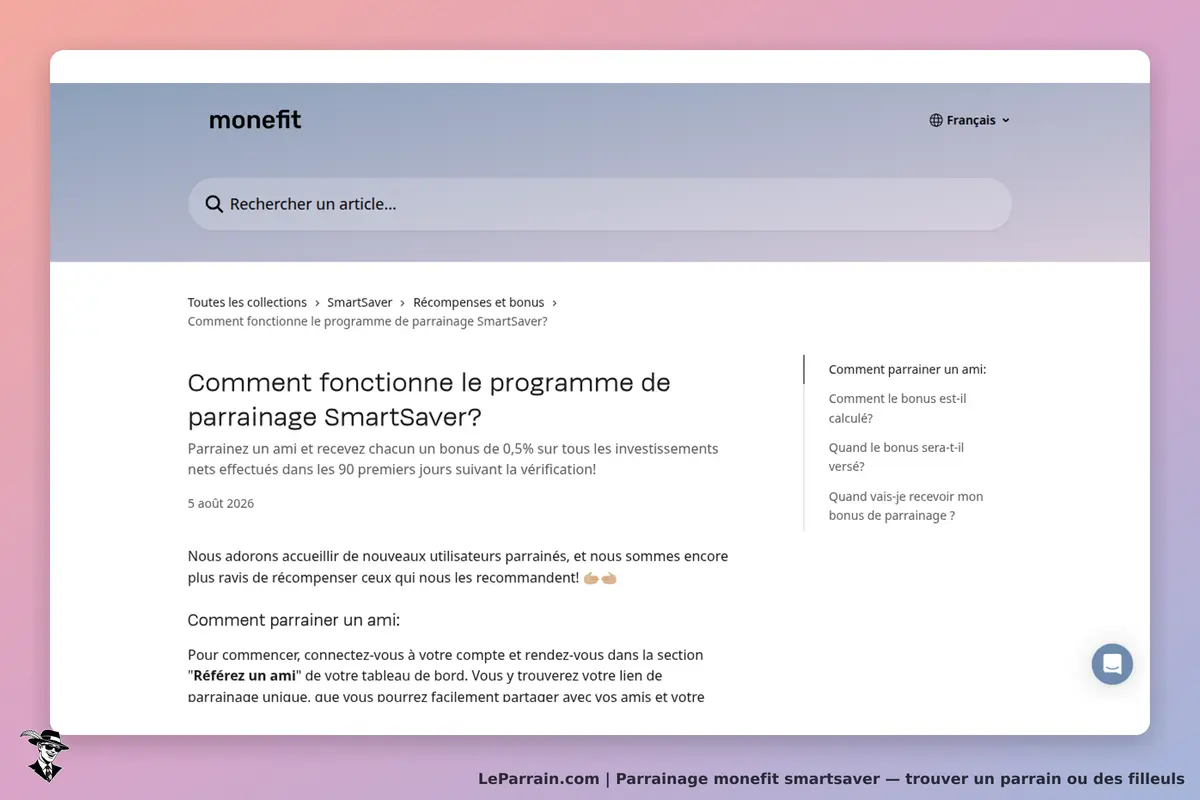 monefit smartsaver : monefit : page expliquant le programme de parrainage SmartSaver avec des