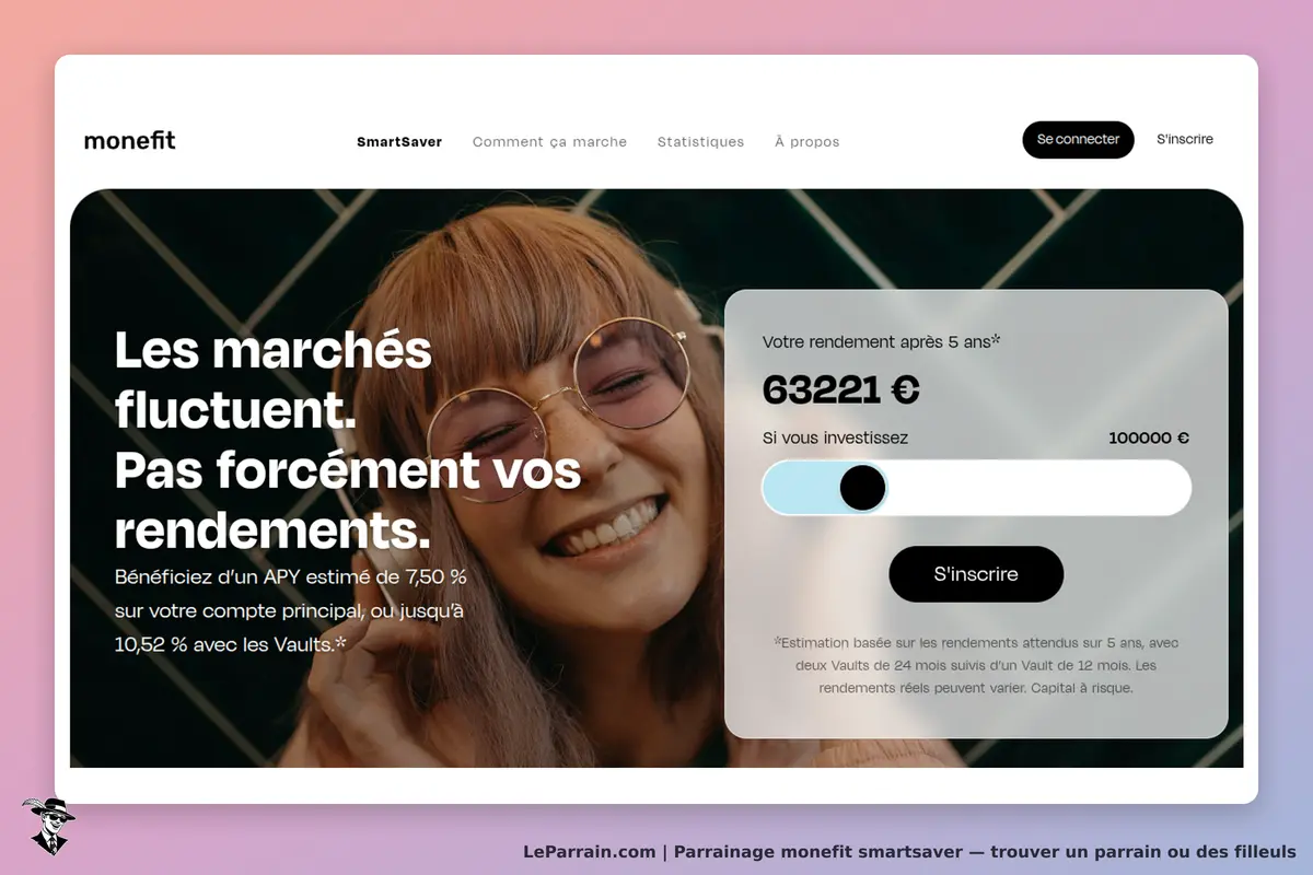 monefit smartsaver : monefit : page d'accueil avec un message sur les marchés et un simulateur de