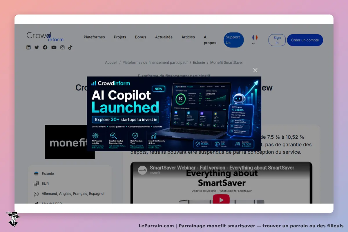 monefit smartsaver : monefit : page d'accueil avec un encart promotionnel et un lien vers un
