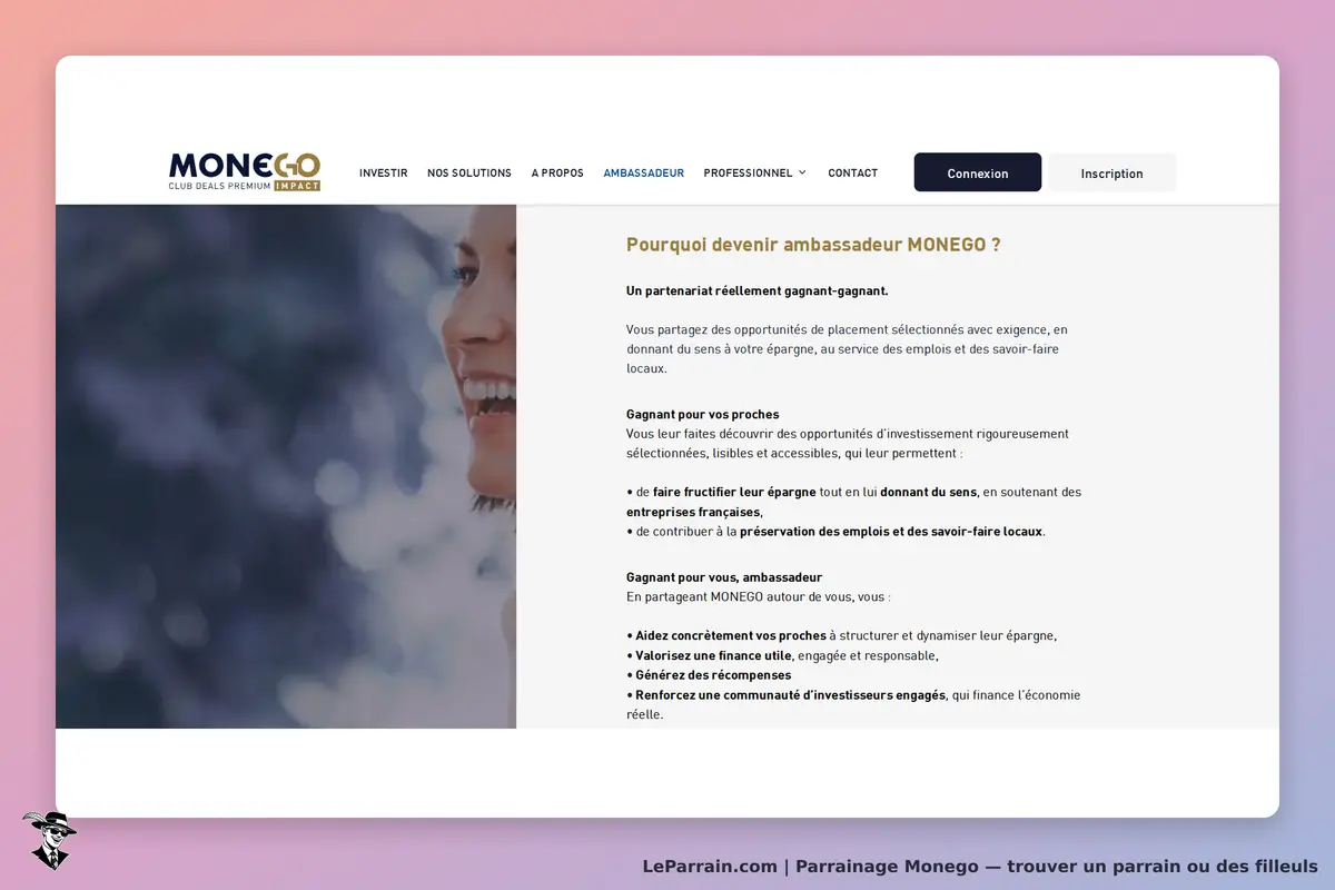 MONEGO : page présentant le programme d'ambassadeurs avec texte explicatif et image d'une personne