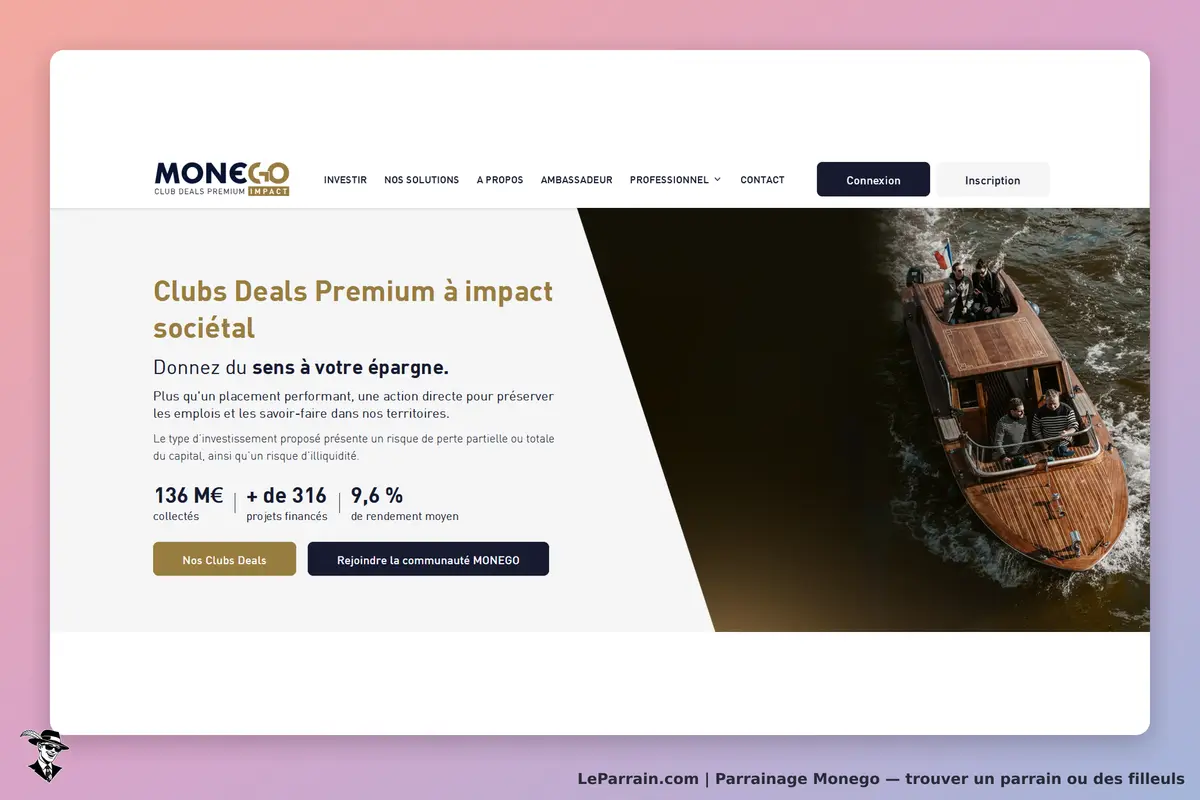 MONEGO : page d'accueil présentant des clubs deals premium à impact sociétal avec un bateau