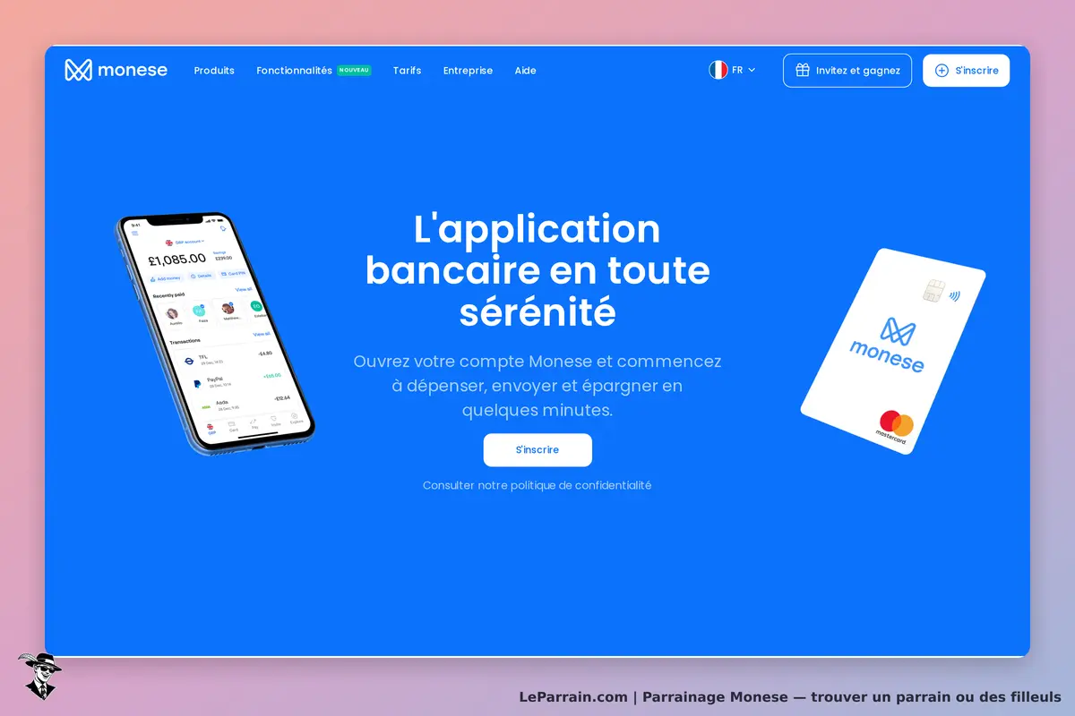 Monese : page d'accueil présentant l'application bancaire et une carte de paiement