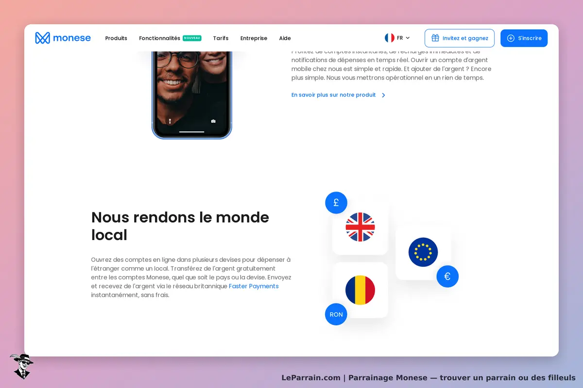 Monese : page d'accueil présentant un smartphone et des options de devises internationales