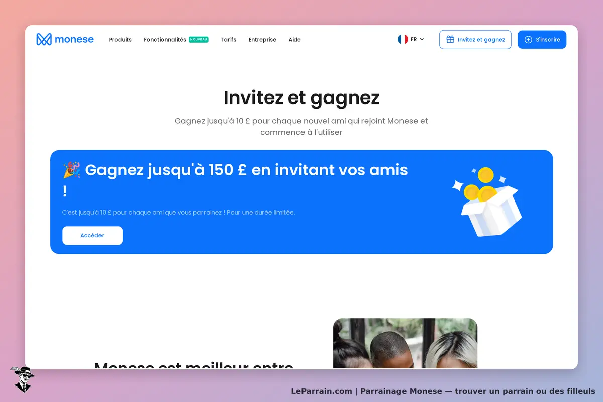 Monese : page d'accueil avec un message d'invitation au parrainage et un bouton d'accès