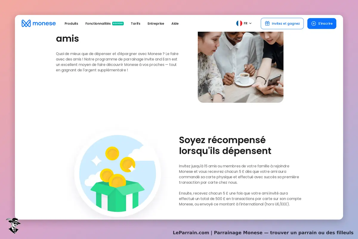 Monese : page sur le programme de parrainage avec image de personnes autour d'une table