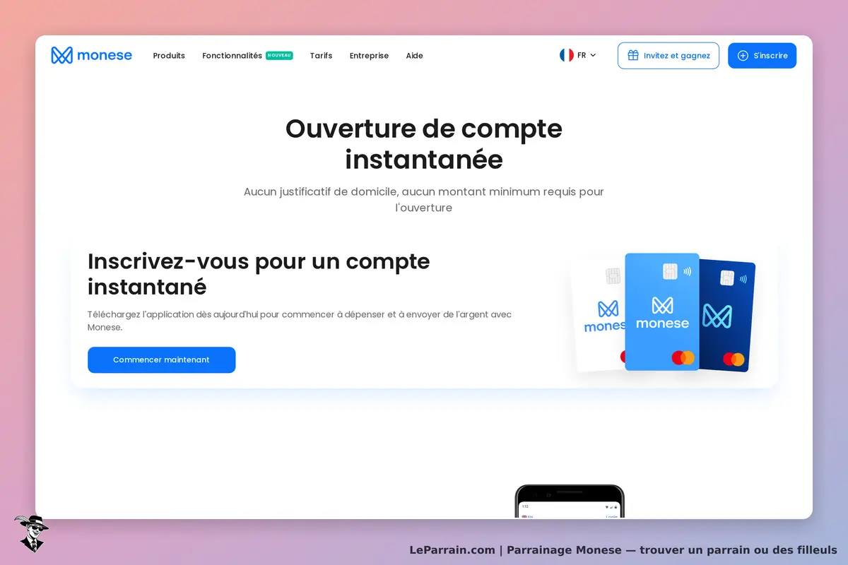 Monese : page d'accueil présentant l'ouverture de compte instantanée et des cartes de paiement