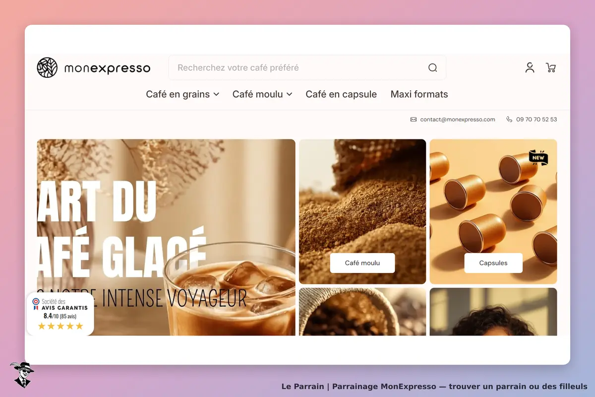 MonExpresso : page d'accueil avec café glacé, café moulu et capsules en présentation
