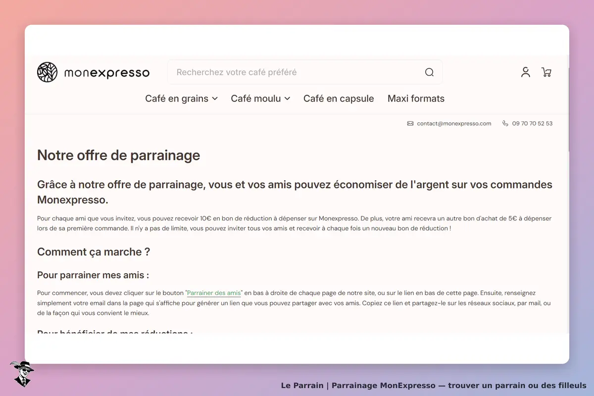 MonExpresso : page d'accueil présentant l'offre de parrainage et des instructions pour y participer