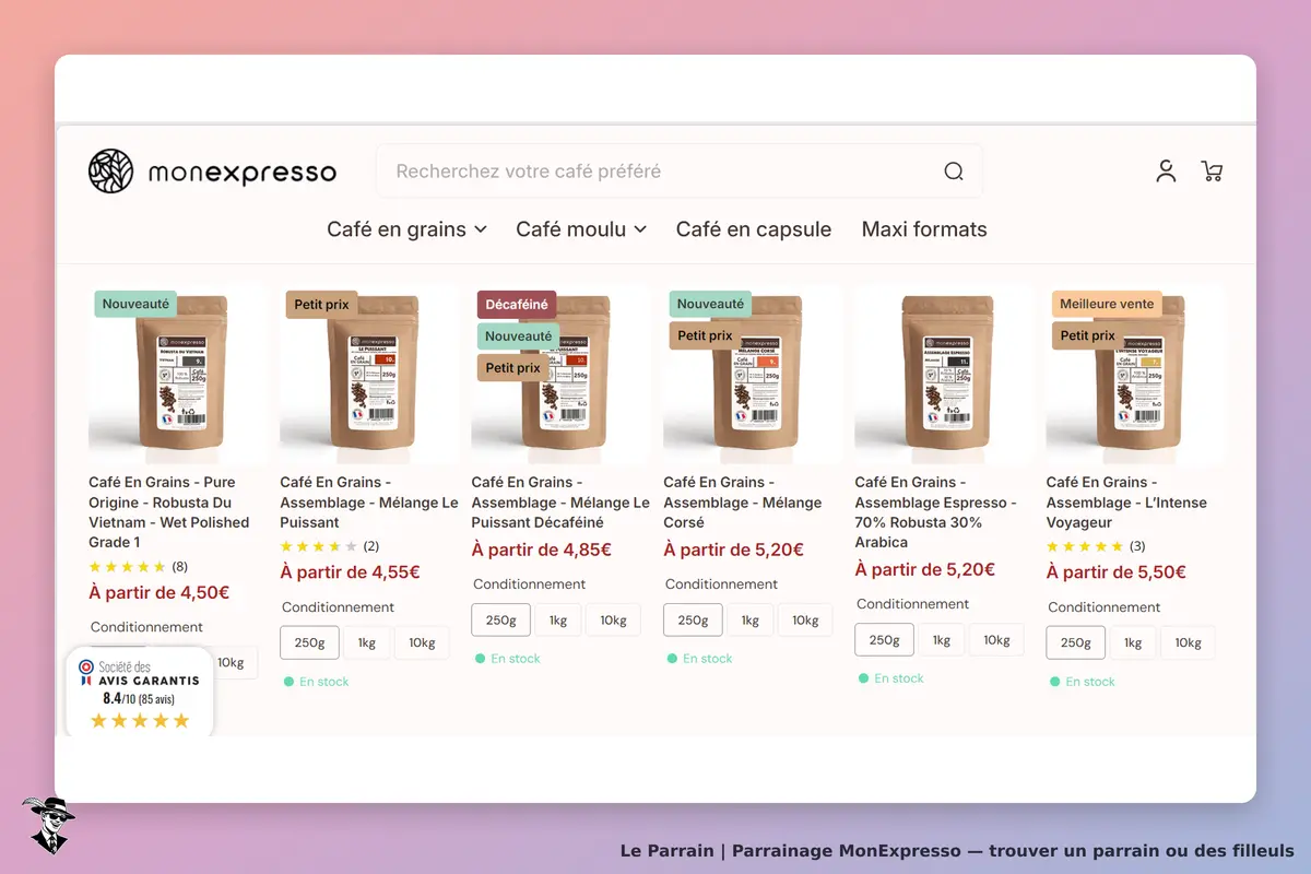 MonExpresso : page d'accueil avec plusieurs sachets de café en grains et options de conditionnement