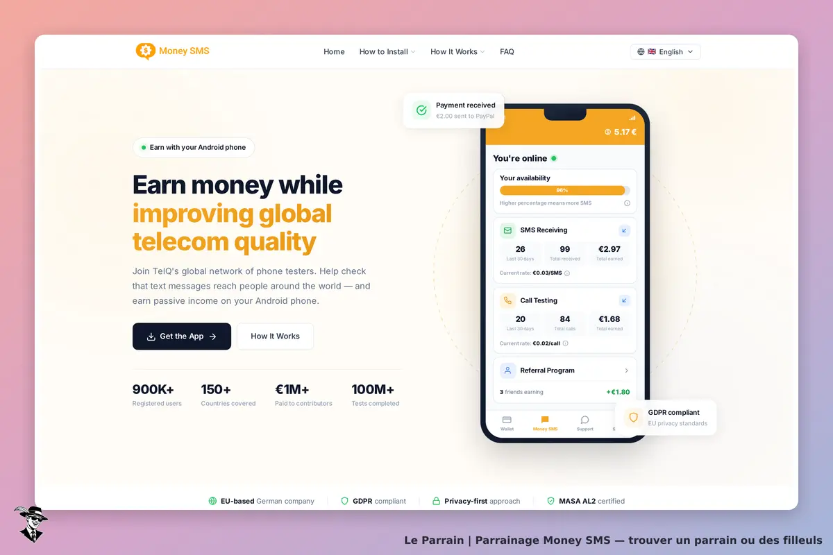 Money SMS : page d'accueil avec présentation des services et interface d'une application mobile