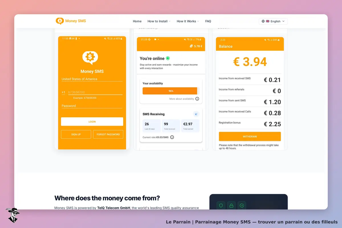 Money SMS : page d'accueil avec formulaire de connexion et aperçu du solde et des revenus