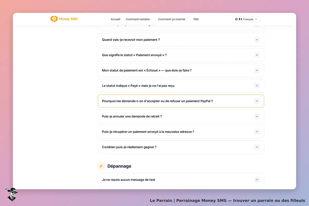 Money SMS : section FAQ avec des questions sur les paiements et le dépannage