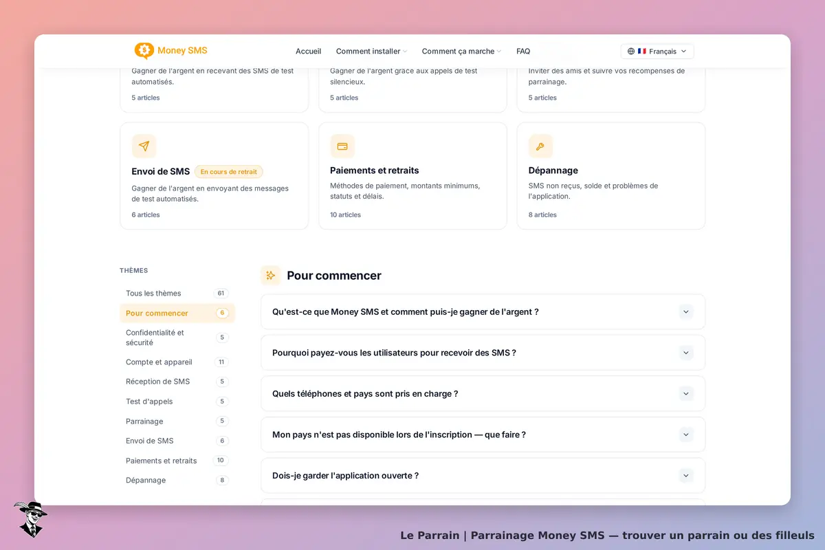 Money SMS : page d'accueil avec sections sur l'envoi de SMS et les thèmes d'aide