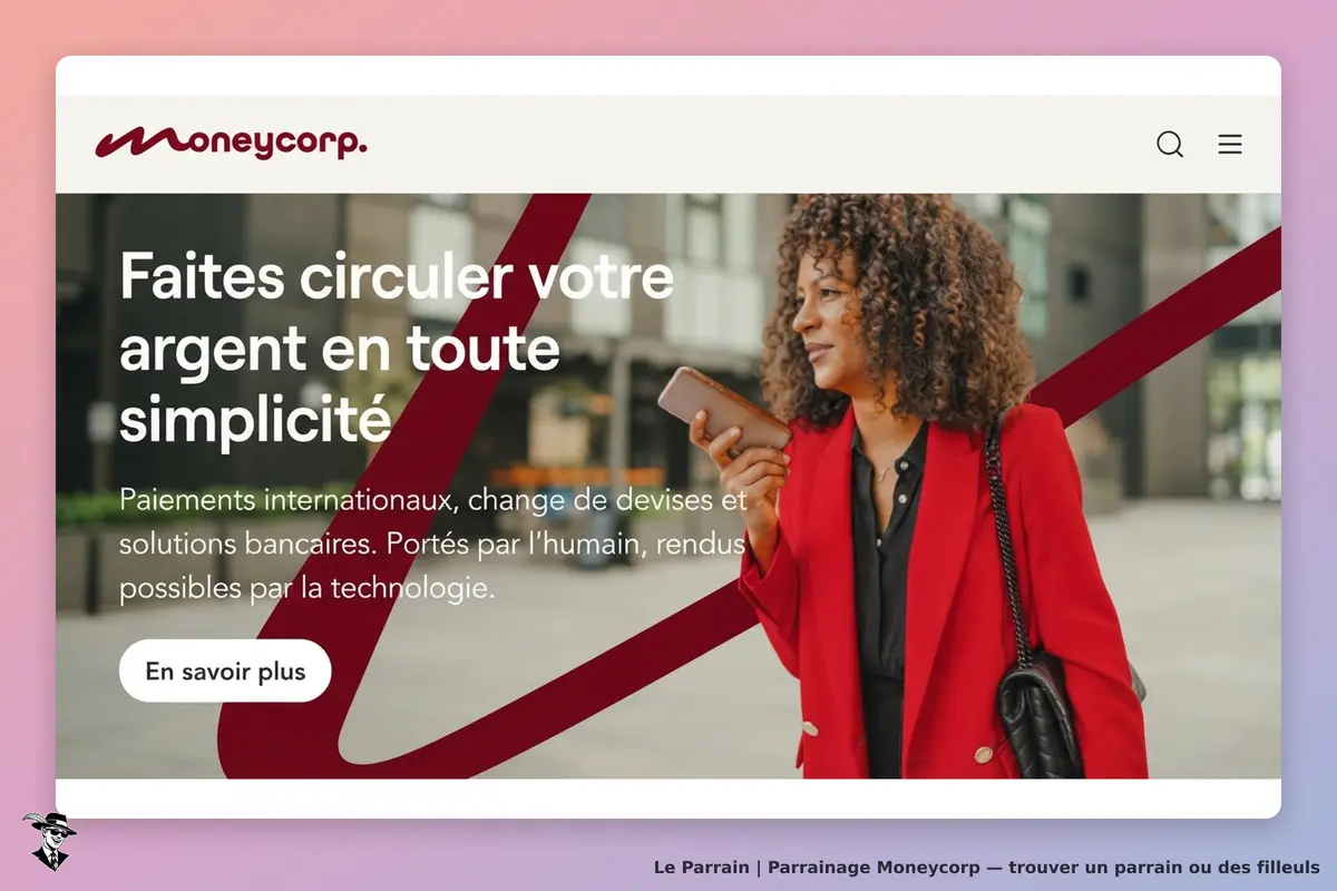Moneycorp : page d'accueil avec une femme souriante tenant son téléphone, arrière-plan urbain