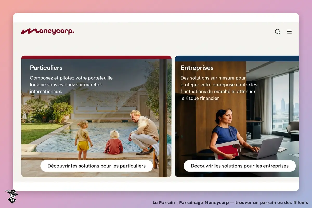 Moneycorp : page d'accueil avec sections pour particuliers et entreprises, images et descriptions