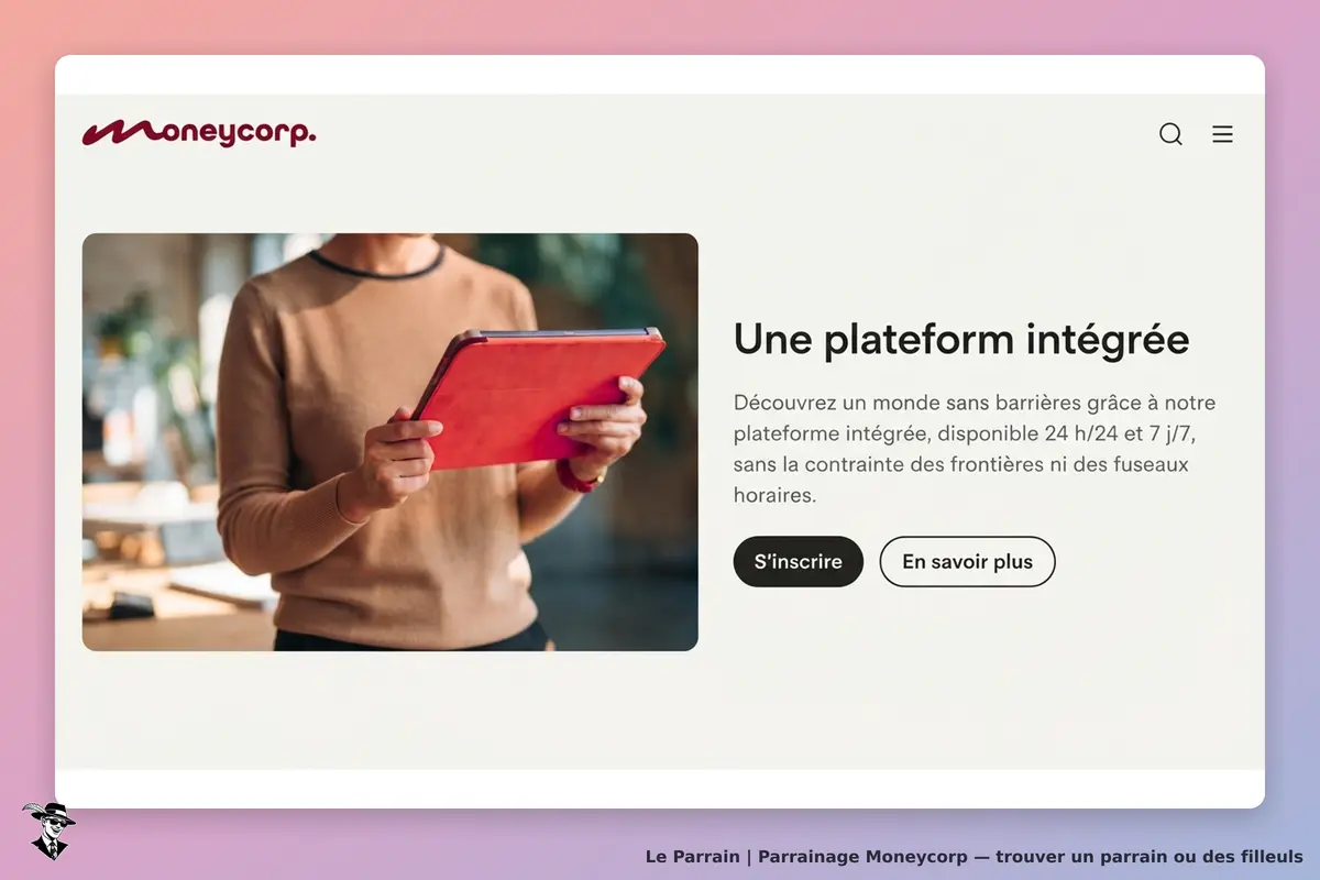 Moneycorp : page d'accueil présentant une plateforme intégrée avec un utilisateur et un message