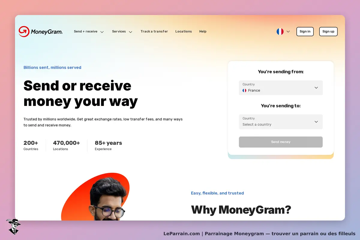 MoneyGram : page d'accueil avec formulaire d'envoi d'argent et informations sur les services