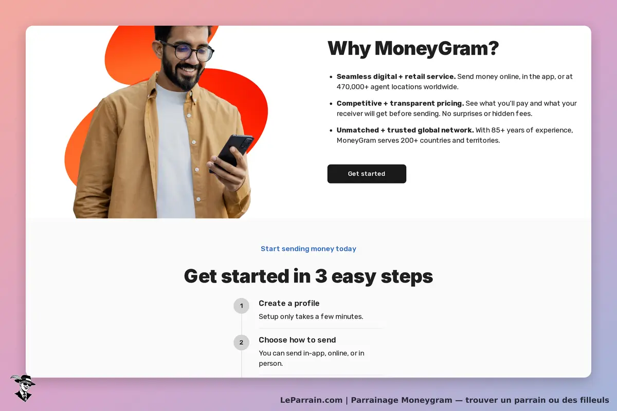 MoneyGram : page d'accueil avec un homme souriant tenant un téléphone et des instructions claires