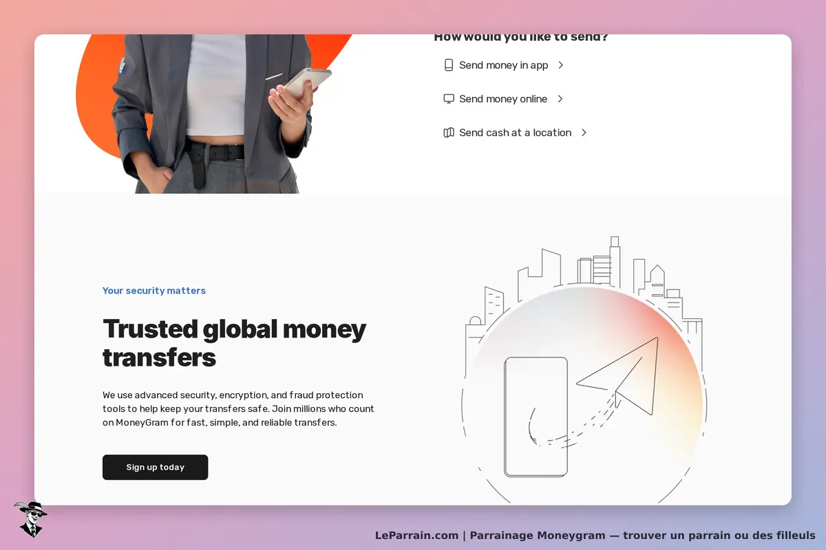 Moneygram : page d'accueil avec options d'envoi d'argent et visuel de transfert sécurisé