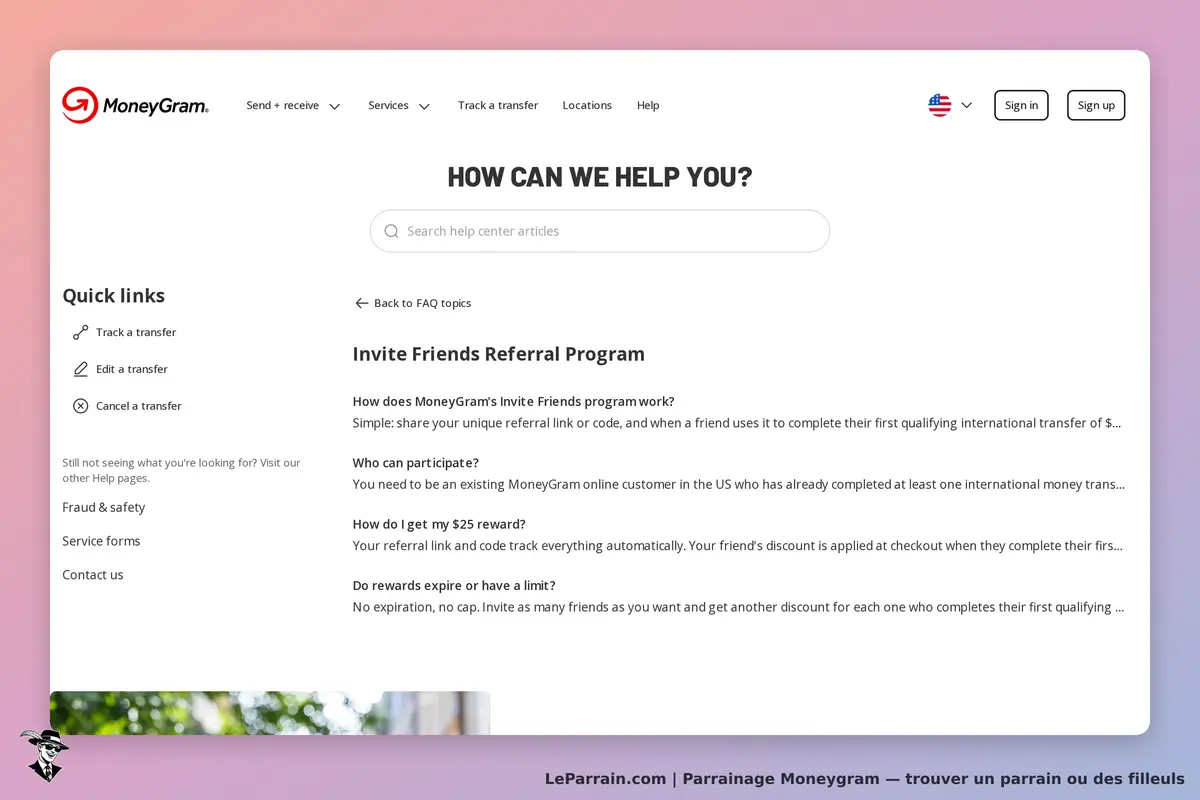MoneyGram : page d'accueil avec programme de parrainage et sections d'aide visibles
