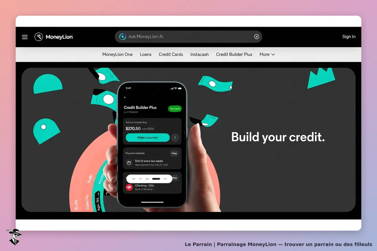 MoneyLion : application affichant le programme Credit Builder Plus avec un solde et un bouton