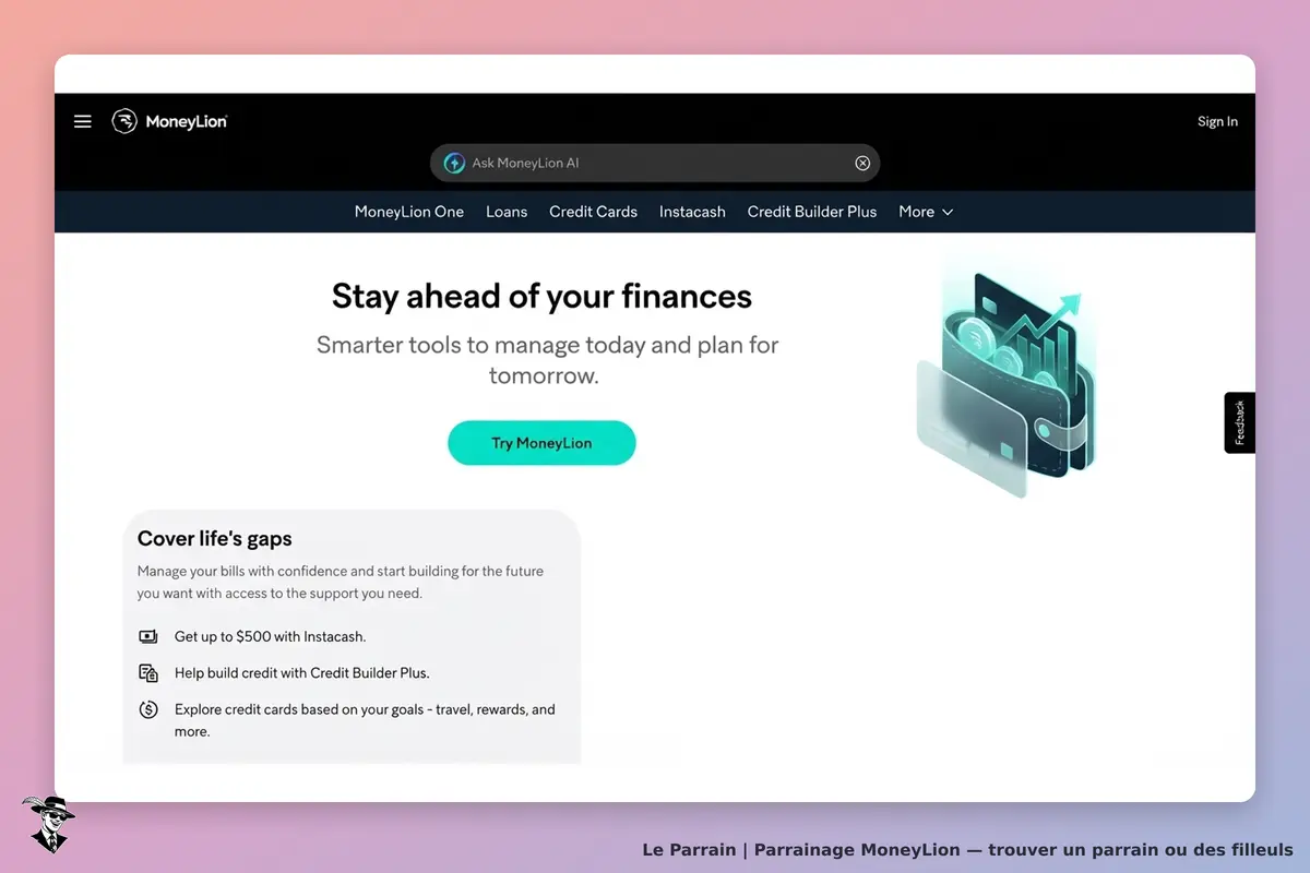 MoneyLion : page d'accueil présentant des outils financiers et un bouton "Try MoneyLion"
