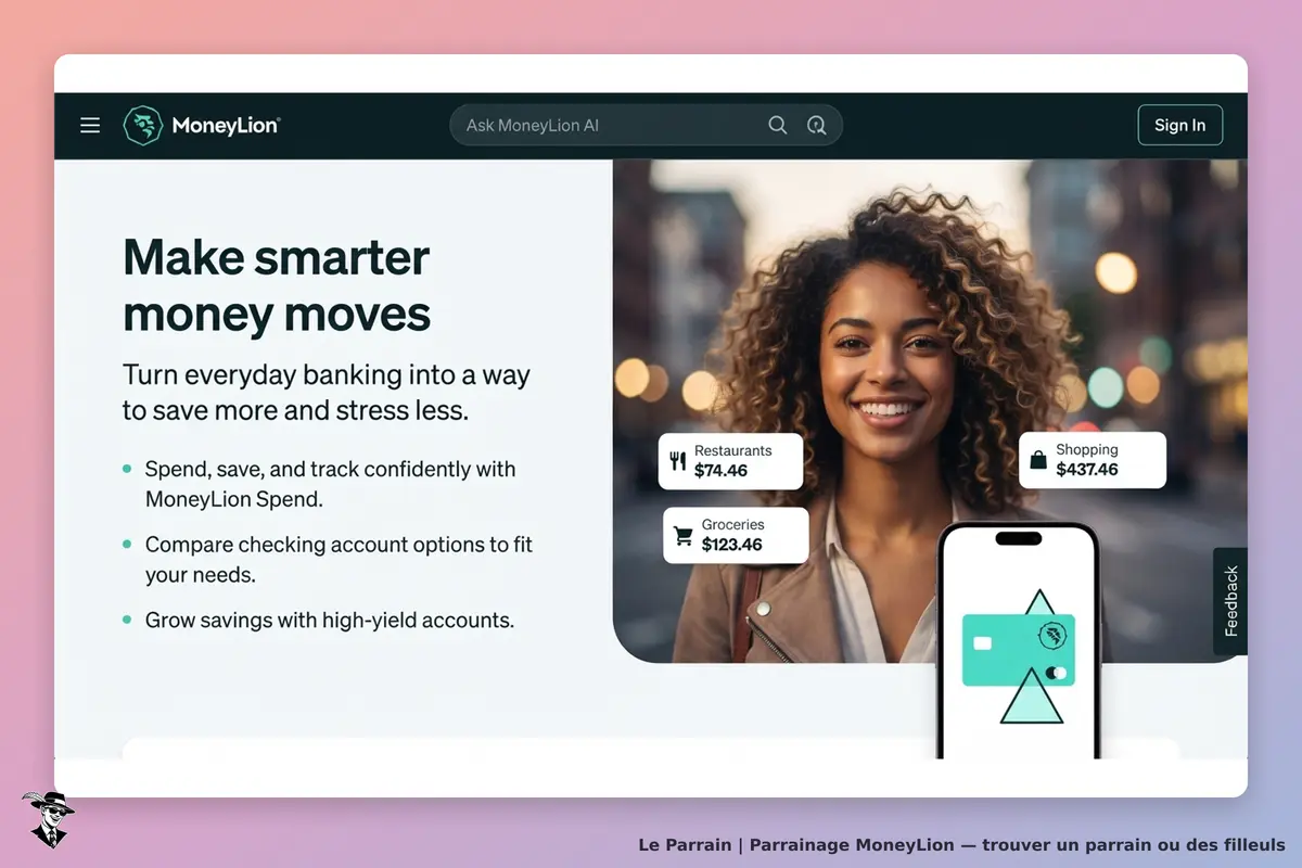 MoneyLion : page d'accueil présentant une femme souriante et des options de dépenses