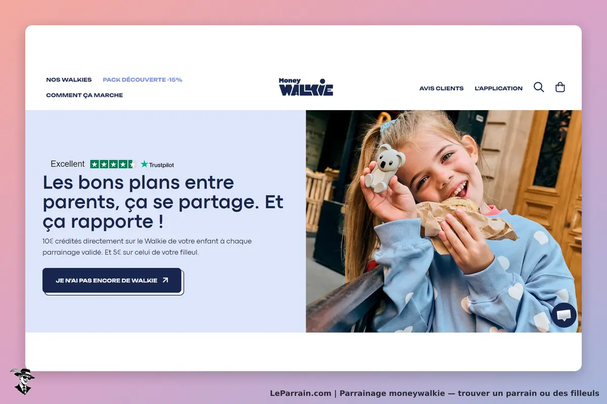 moneywalkie : page d'accueil avec une enfant souriante tenant un biscuit et une figurine