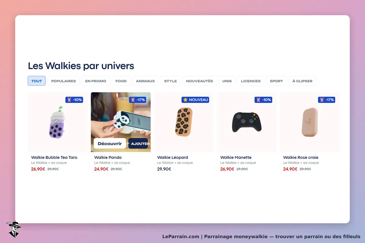 moneywalkie : sélection de Walkies avec diverses coques et réductions affichées
