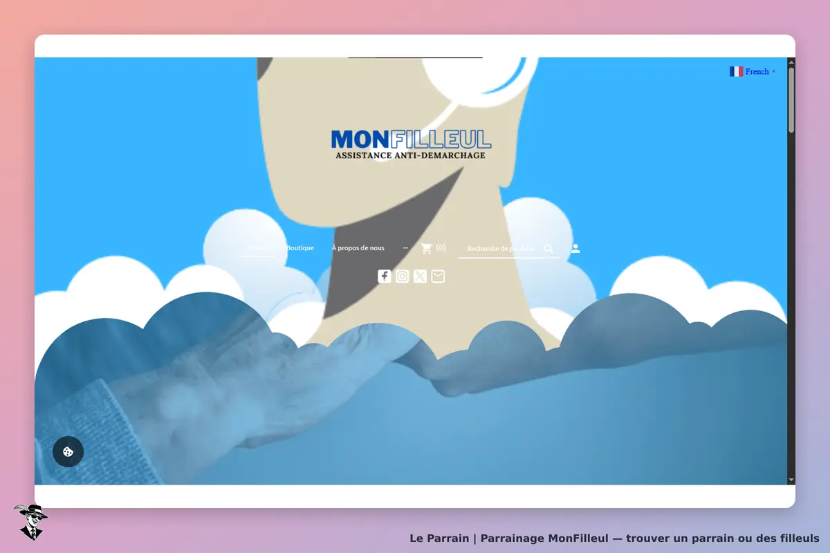 MonFilleul : page d'accueil avec logo et illustration de nuages et d'une main