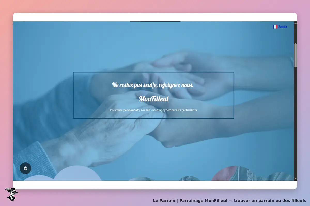 MonFilleul : page d'accueil avec mains jointes et message d'invitation à rejoindre le service