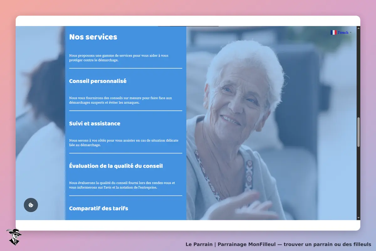MonFilleul : section "Nos services" avec une femme souriante et des descriptions de services