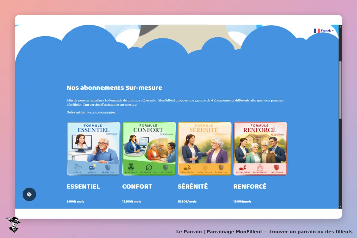 MonFilleul : présentation des formules d'abonnement avec illustrations et descriptions