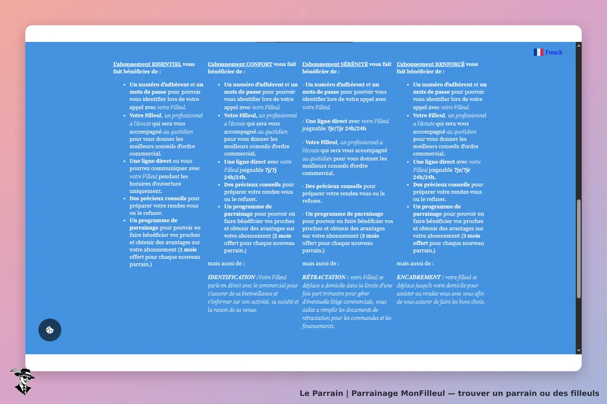 MonFilleul : tableau comparatif des abonnements et avantages proposés aux utilisateurs