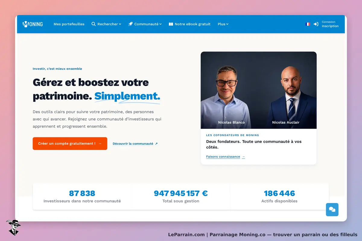 Moning.co : page d'accueil avec texte sur la gestion de patrimoine et photos des cofondateurs