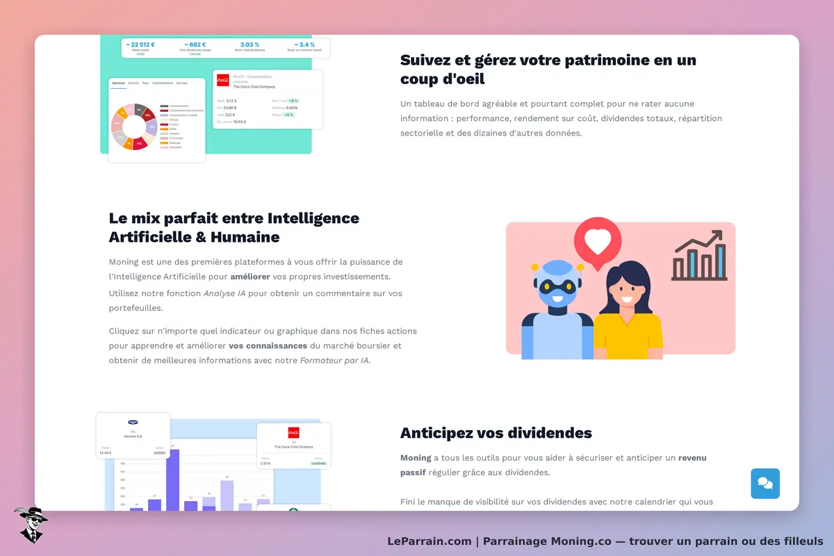 Moning.co : page d'accueil présentant des outils de gestion de patrimoine et d'intelligence