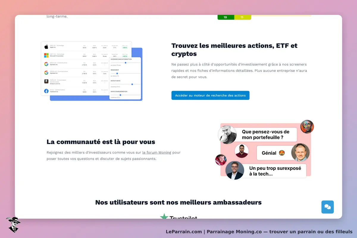 Moning.co : page d'accueil avec tableau d'actions et section communauté d'investisseurs