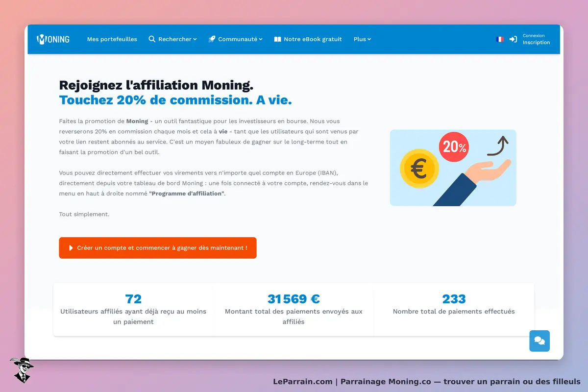 Moning.co : page d'accueil présentant le programme d'affiliation et ses avantages