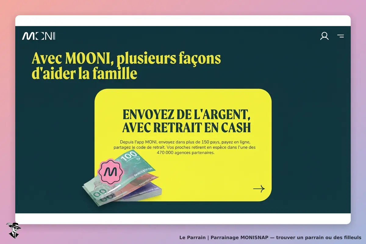 MONISNAP : mONI : page d'accueil présentant des services d'envoi d'argent avec retrait en espèces