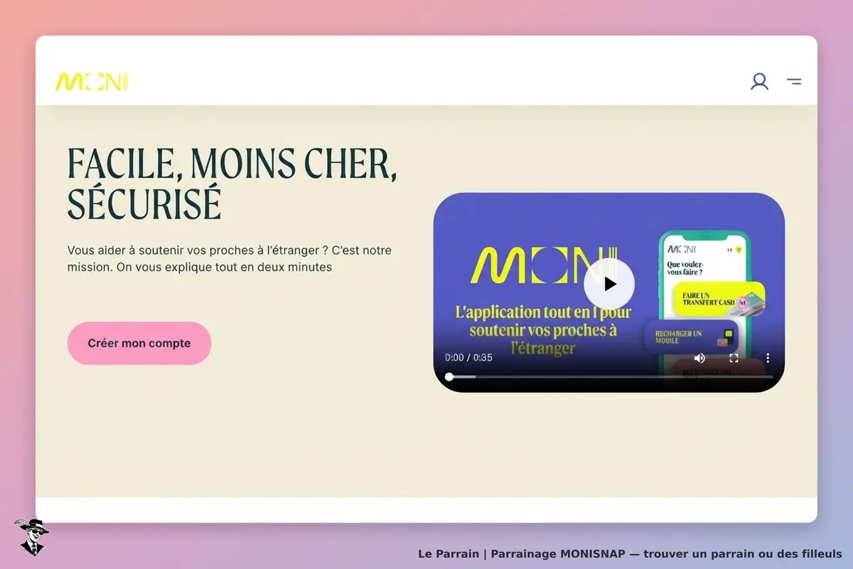 MONISNAP : page d'accueil avec un message et une vidéo sur le soutien à l'étranger