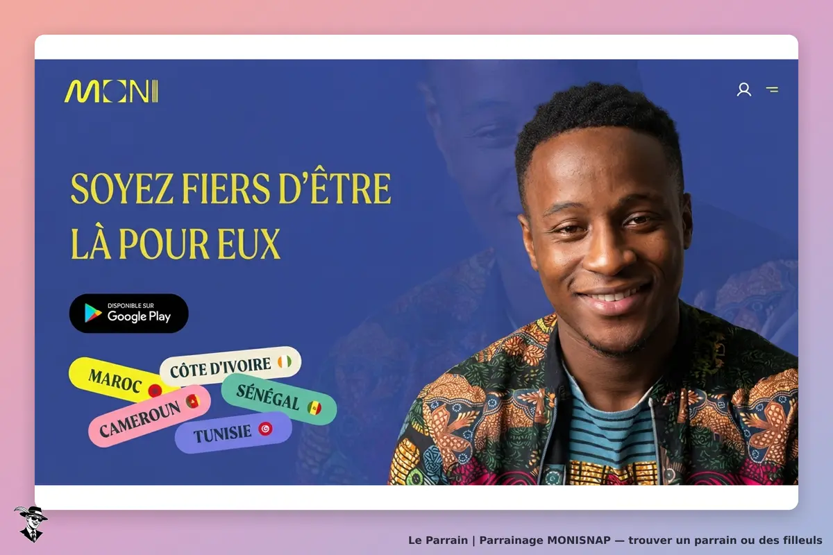 MONISNAP : page d'accueil avec un homme souriant et des pays affichés en couleurs