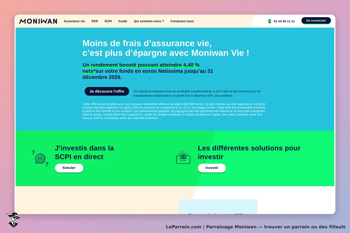 Moniwan : page d'accueil présentant des offres d'assurance vie et d'investissement en SCPI