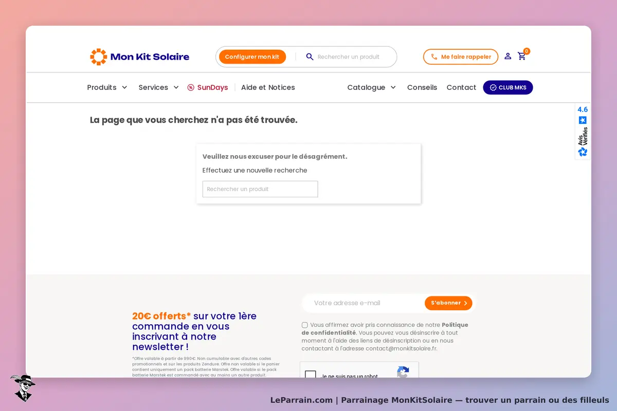 MonKitSolaire : mon Kit Solaire : page d'erreur avec un formulaire de recherche de produit et des
