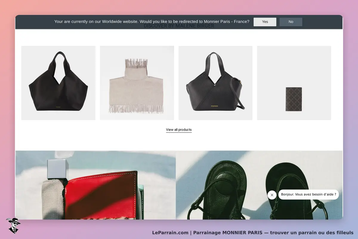 MONNIER PARIS : page d'accueil avec sacs, écharpe et sandales affichés en grille