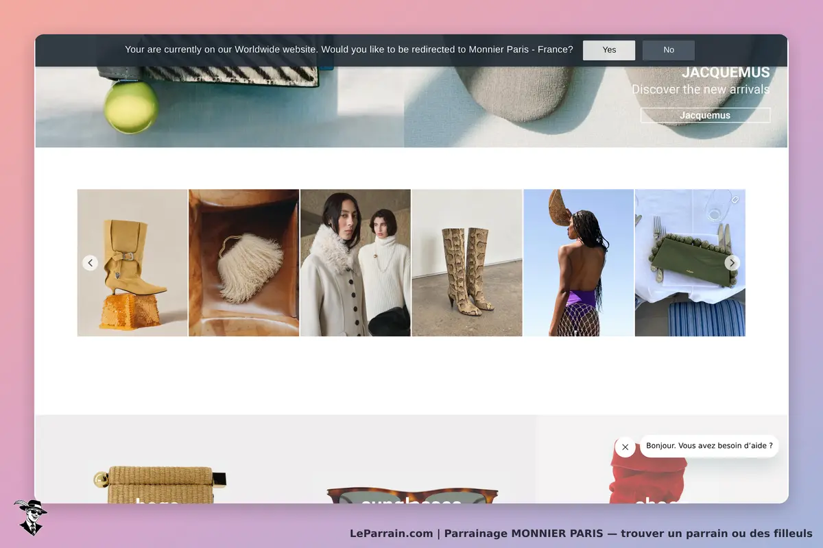 MONNIER PARIS : page d'accueil avec divers produits de mode et un message d'assistance