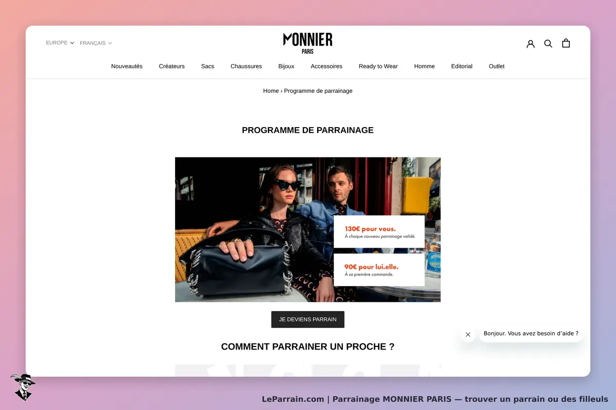 MONNIER PARIS : page d'accueil avec programme de parrainage et visuel de deux personnes