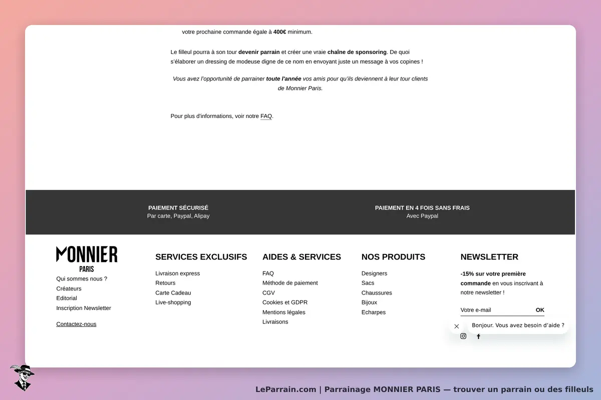 MONNIER PARIS : pied de page avec services, options de paiement et inscription à la newsletter