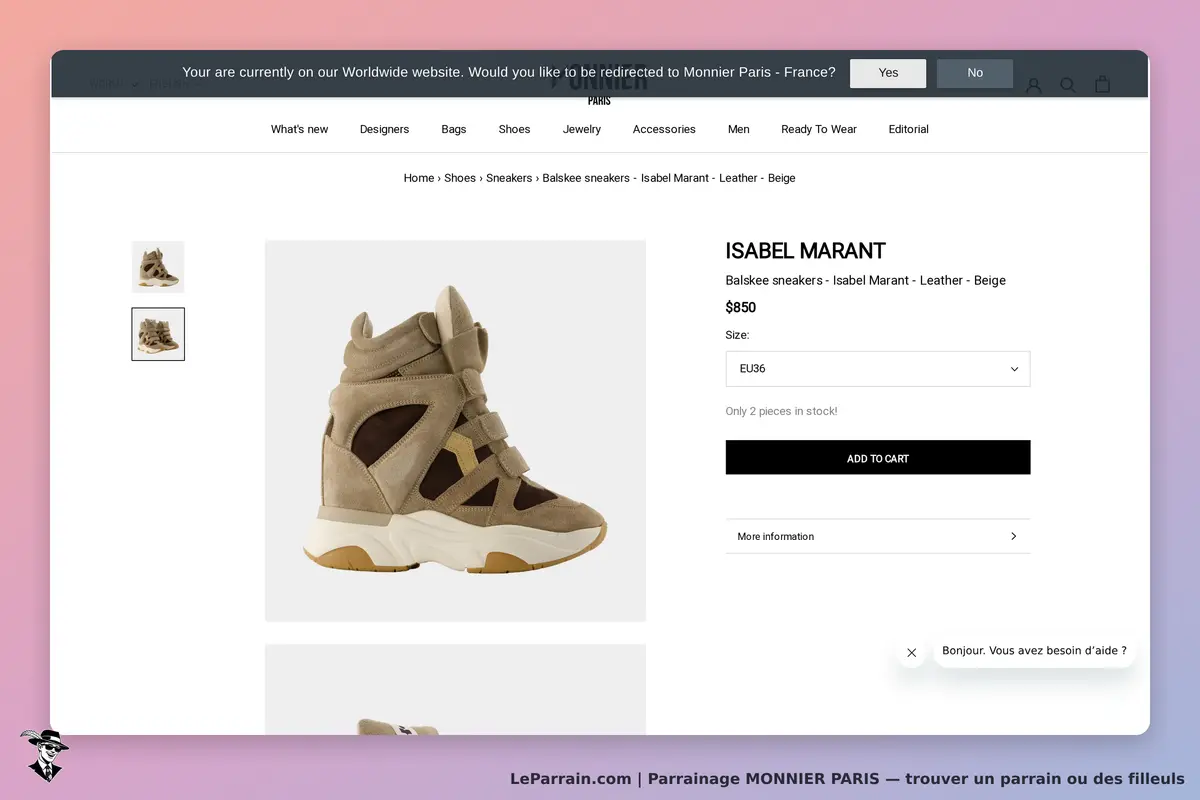 MONNIER PARIS : vue produit de sneakers Isabel Marant en cuir beige avec détails en brun